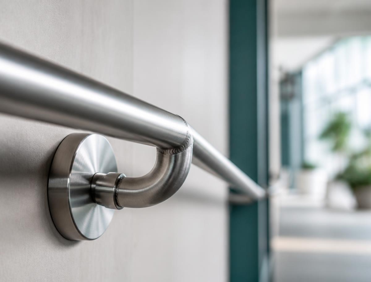 Detalhe de corrimão em aço inox fixado na parede