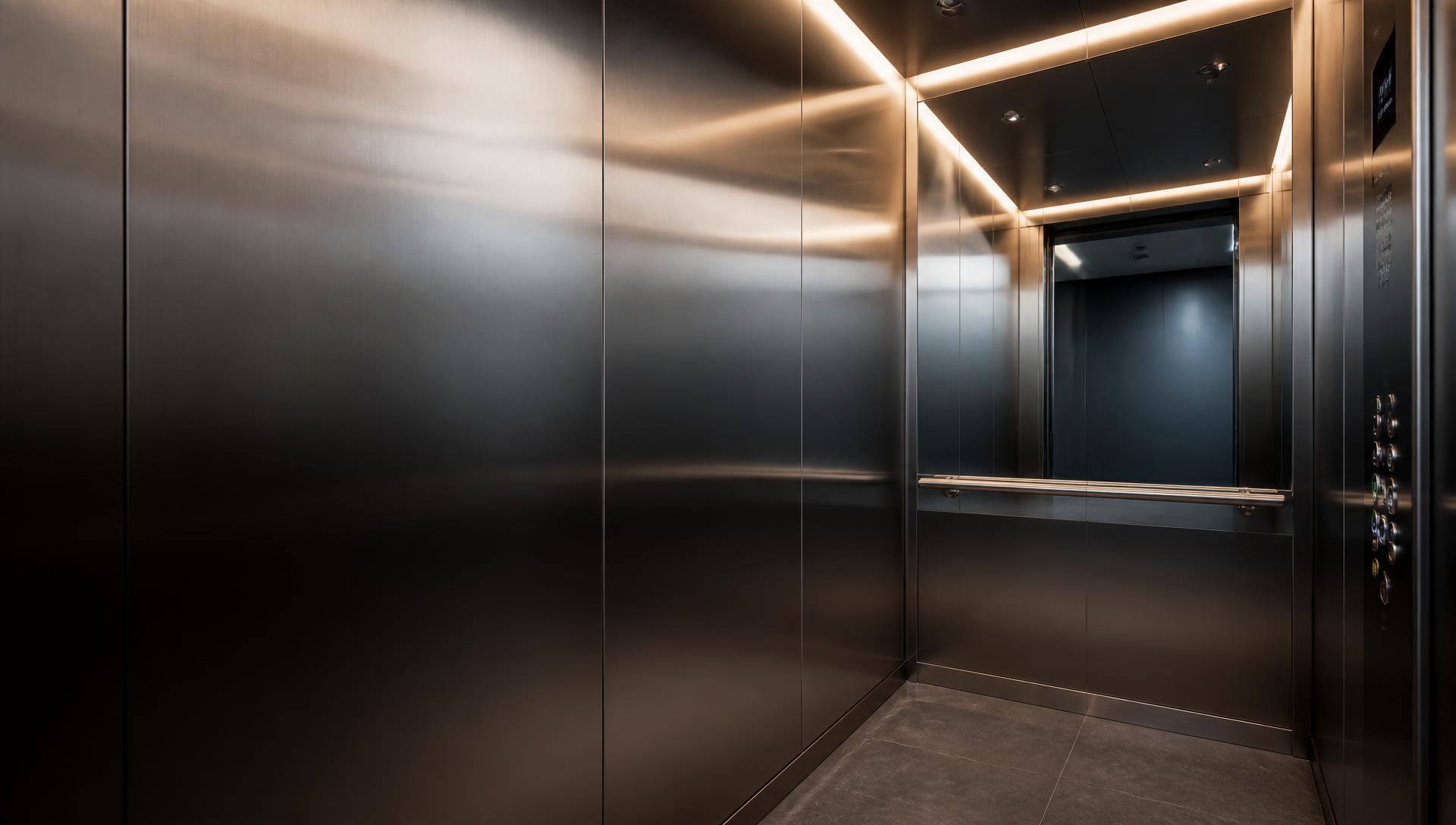 Interior de cabine de elevador em aço inox escovado com iluminação arquitetônica linear